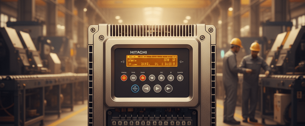 A front view of one of the Hitachi SJ700D variable frequency drives VFDs, showing its digital operator panel and wiring te...