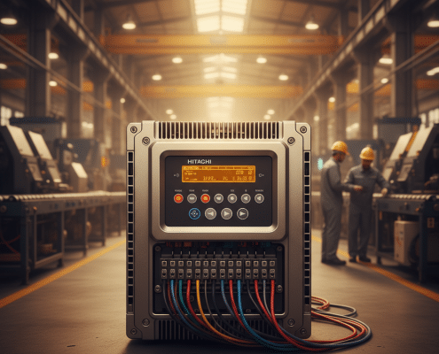 A front view of one of the Hitachi SJ700D variable frequency drives VFDs, showing its digital operator panel and wiring te...