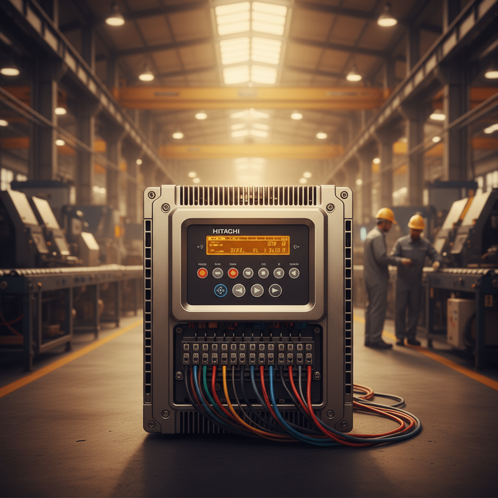 A front view of one of the Hitachi SJ700D variable frequency drives VFDs, showing its digital operator panel and wiring te...
