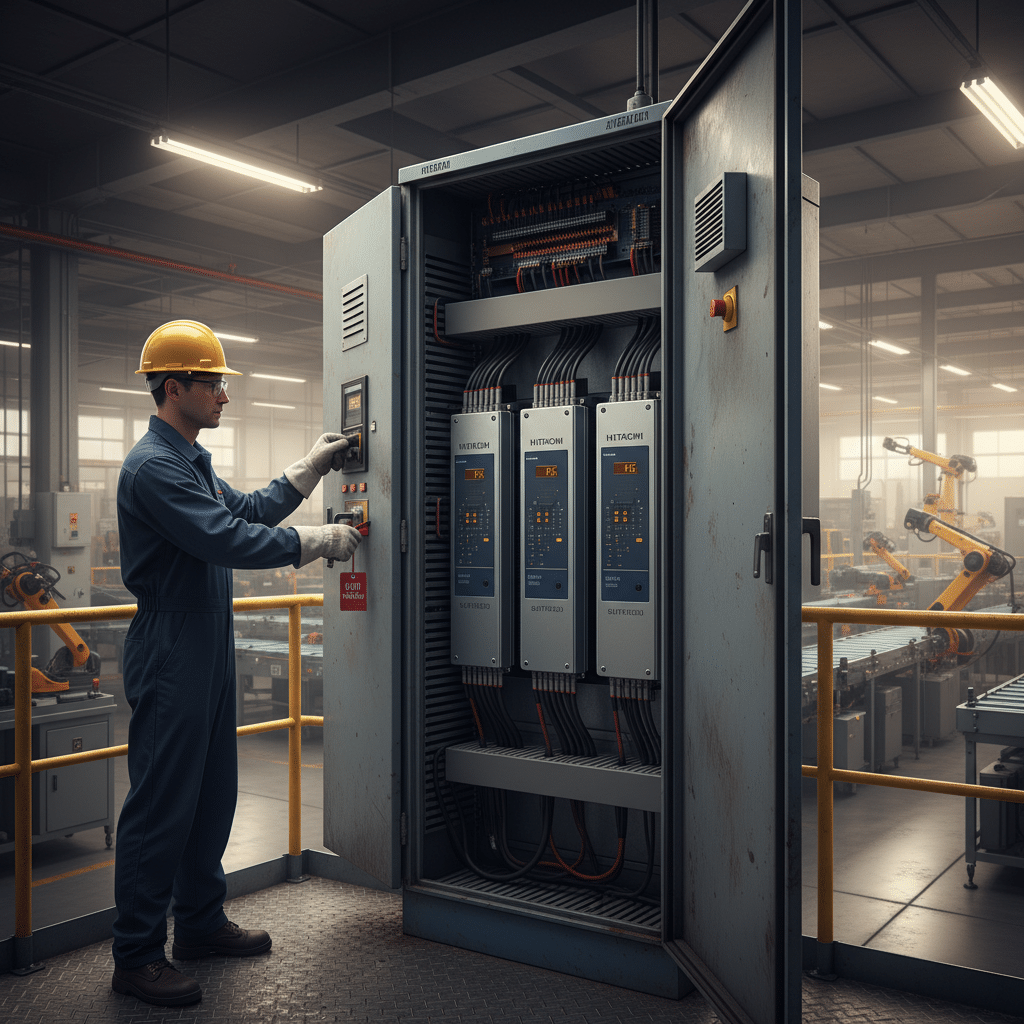 hitachi sj700d variable frequency drives vfds - Technician performing a Lockout-Tagout safety procedure on Hitachi SJ700D var
