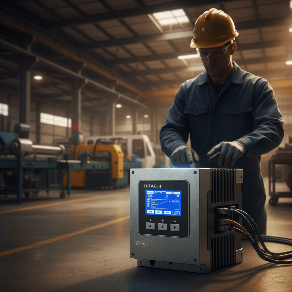 A clear image of the Hitachi WJ C1 variable frequency drives VFDs, showcasing its compact design and user-friendly control...