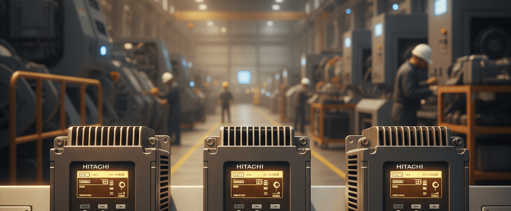 Front view of the Hitachi WJ200 variable frequency drives VFDs, highlighting the compact design and user-friendly digital ...