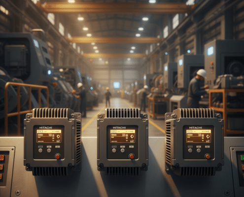 Front view of the Hitachi WJ200 variable frequency drives VFDs, highlighting the compact design and user-friendly digital ...