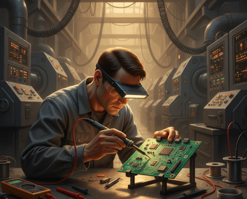 Technician diagnosing a failed circuit board to perform pcb repair services and prevent costly industrial equipment failure.