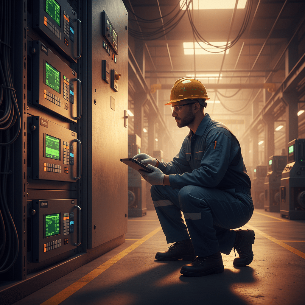 Technician performing the initial setup on Eaton DG1 variable frequency drives VFDs by adjusting parameters on the control...