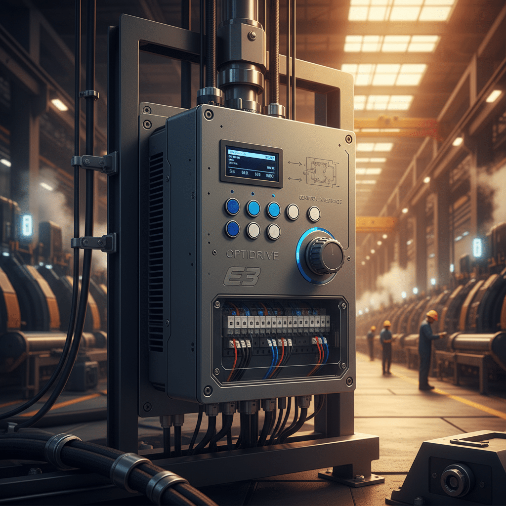 A detailed product image of the Invertek Optidrive E3 variable frequency drives VFDs, showing its key features like the co...