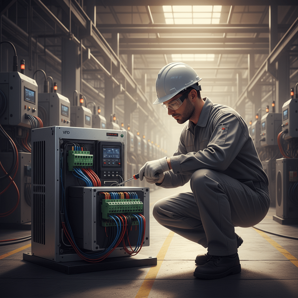 A technician carefully wiring the terminals of one of the Invertek Optidrive E3 variable frequency drives vfds for proper ...