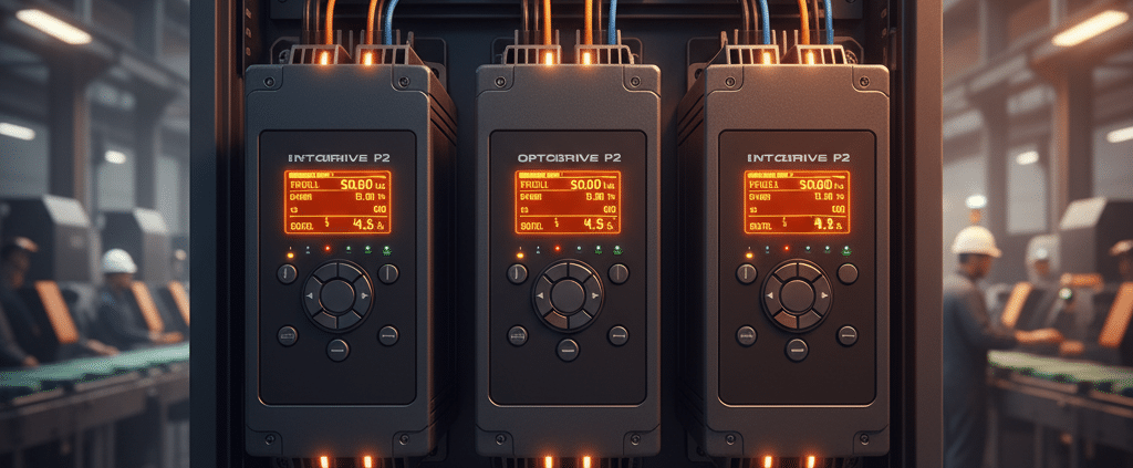 Front view of the Invertek Optidrive P2 variable frequency drives VFDs, highlighting the digital display and control inter...