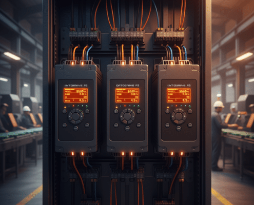 Front view of the Invertek Optidrive P2 variable frequency drives VFDs, highlighting the digital display and control inter...