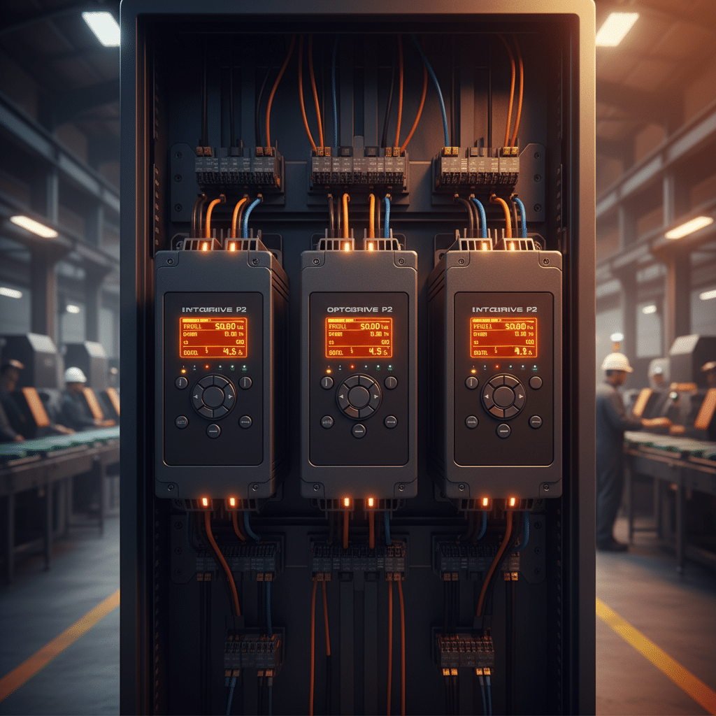 Front view of the Invertek Optidrive P2 variable frequency drives VFDs, highlighting the digital display and control inter...