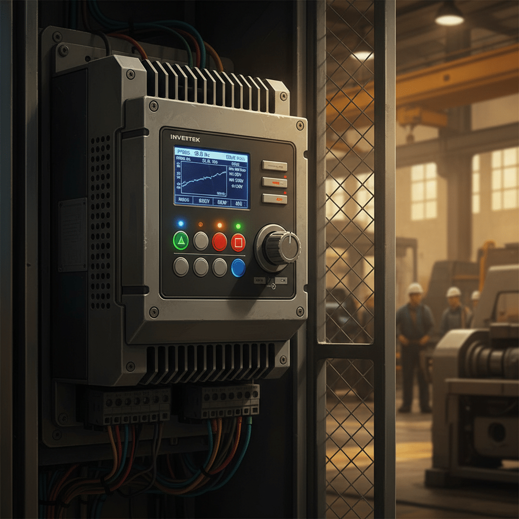 A detailed view of the control panel on the Invertek Optidrive P2 variable frequency drives VFDs, highlighting its key fea...