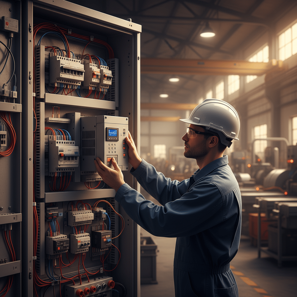 Technician safely installing one of the Invertek Optidrive P2 variable frequency drives VFDs into an industrial control pa...