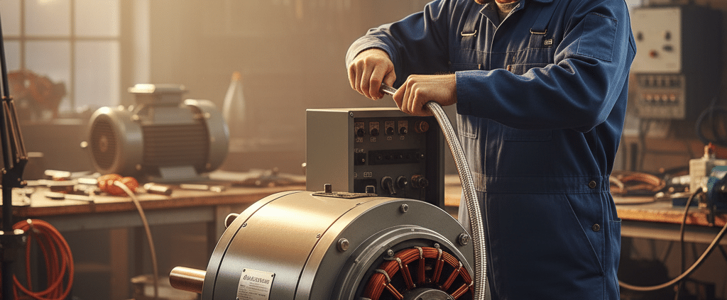 Technician installing one of the Kay Industries MA rotary phase converters in a Massachusetts workshop.