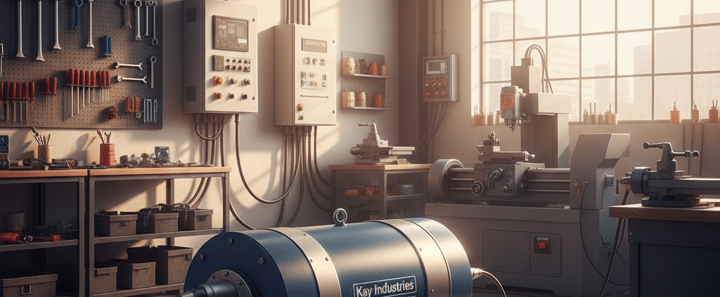 kay industries rotary phase converters - A robust Kay Industries rotary phase converter installed in a modern workshop, provi