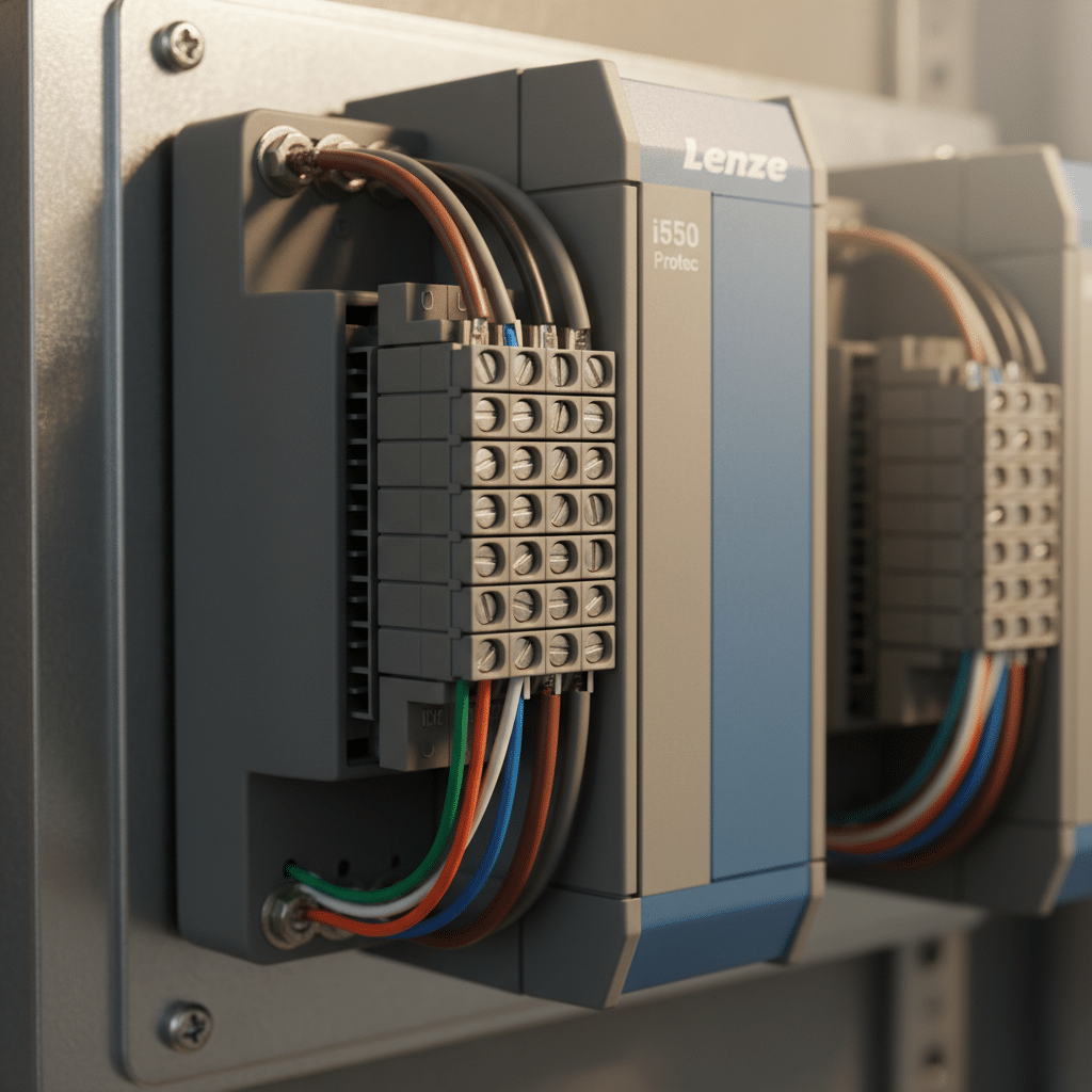 Lenze AC Tech i550 Protec VFD Installation and Wiring Guide Proper installation wiring shown on the terminal block of the Lenze AC Tech i550 Protec variable frequency drives VFDs.