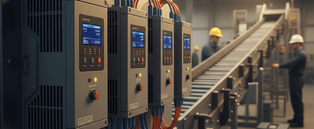 A close-up of the Lenze AC Tech MC variable frequency drives VFDs installed on an industrial conveyor system, precisely co...