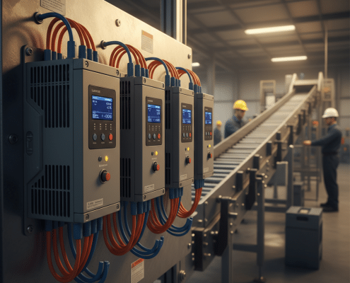 A close-up of the Lenze AC Tech MC variable frequency drives VFDs installed on an industrial conveyor system, precisely co...