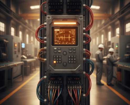 Front view of the Lenze AC Tech SCM variable frequency drives VFDs, highlighting the user interface and connection points.