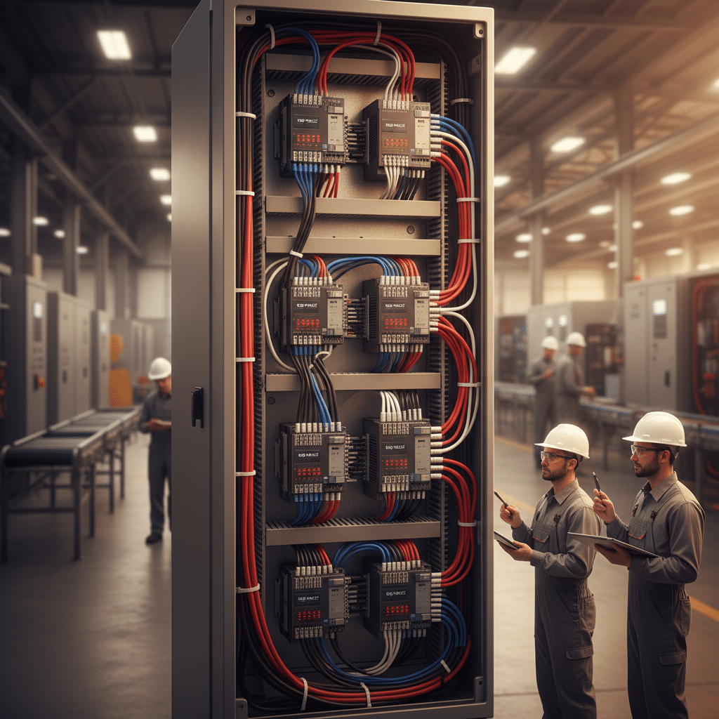 A clear view of the wiring terminals for the Lenze AC Tech SCM variable frequency drives VFDs during the setup process.