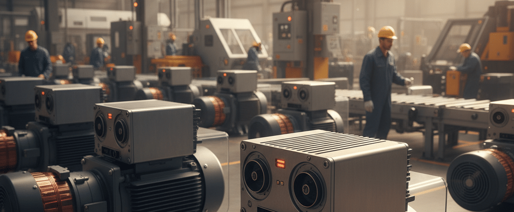 Multiple Lenze i510 protec variable frequency drives vfds installed directly on motors, showcasing a clean and efficient d...