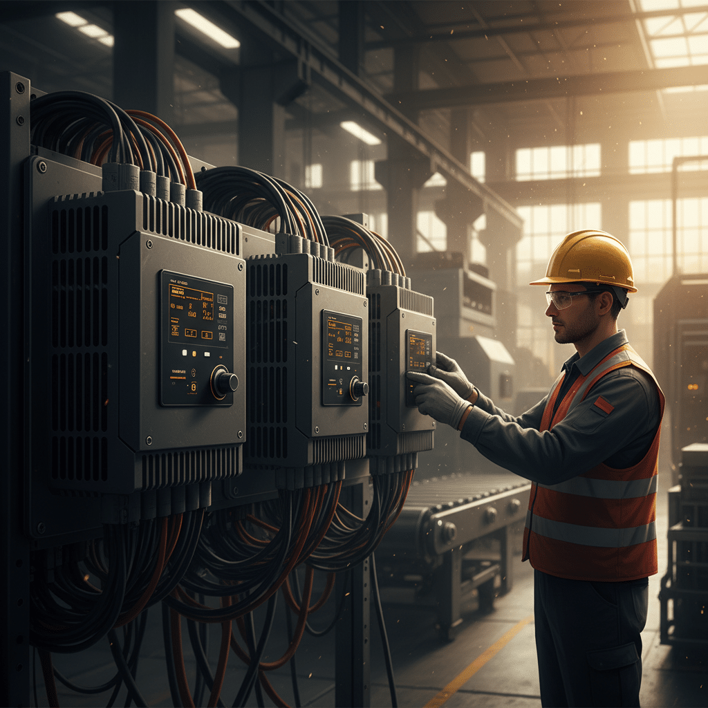 lenze i510 variable frequency drives vfds - A close-up of the Lenze i510 variable frequency drives (VFDs) showing the user in