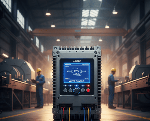 Front view of the Lenze i510 variable frequency drives VFDs, showcasing its compact design and user interface for motor co...