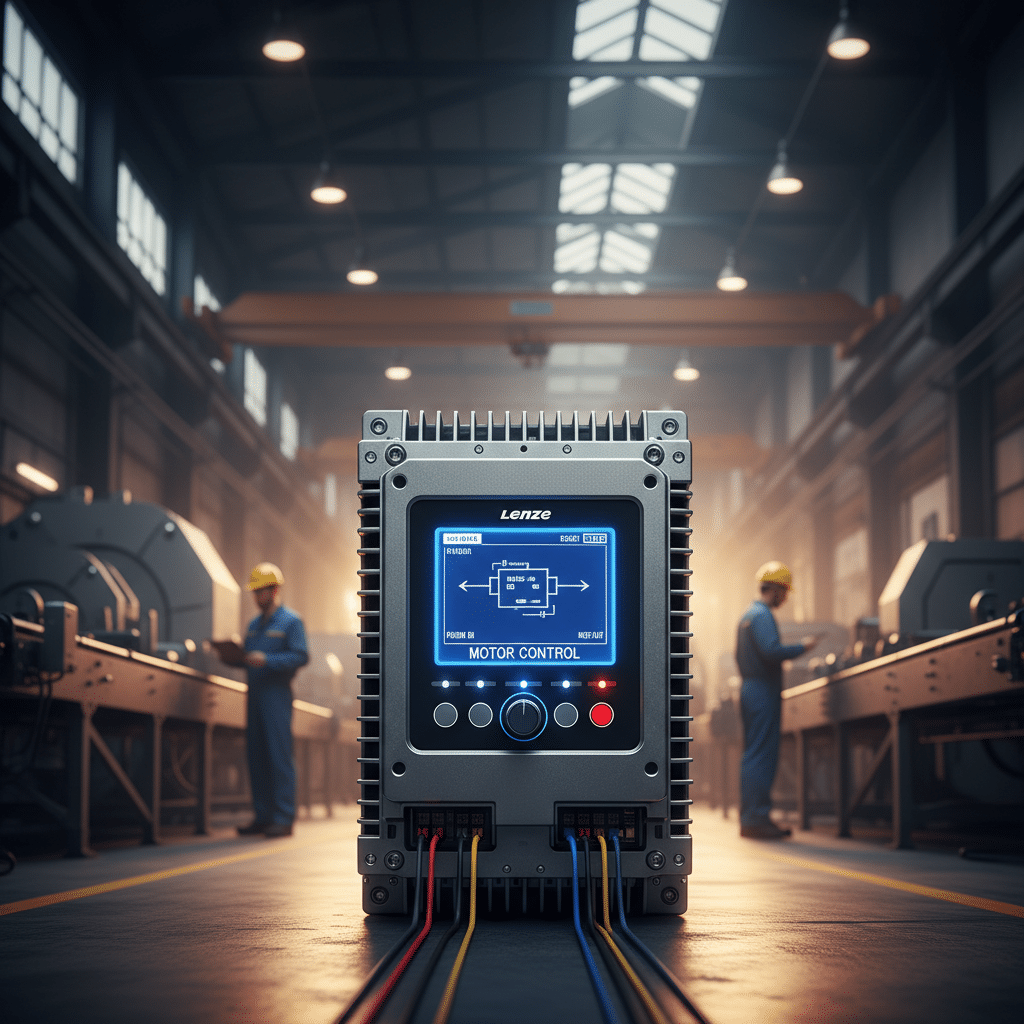 Front view of the Lenze i510 variable frequency drives VFDs, showcasing its compact design and user interface for motor co...