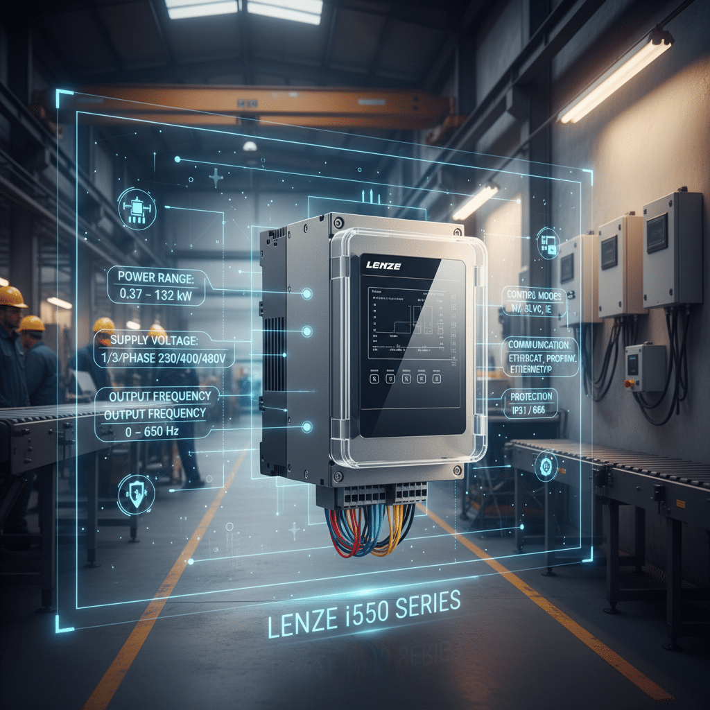 lenze i550 variable frequency drives vfds - A diagram illustrating the key technical specifications of the Lenze i550 variabl