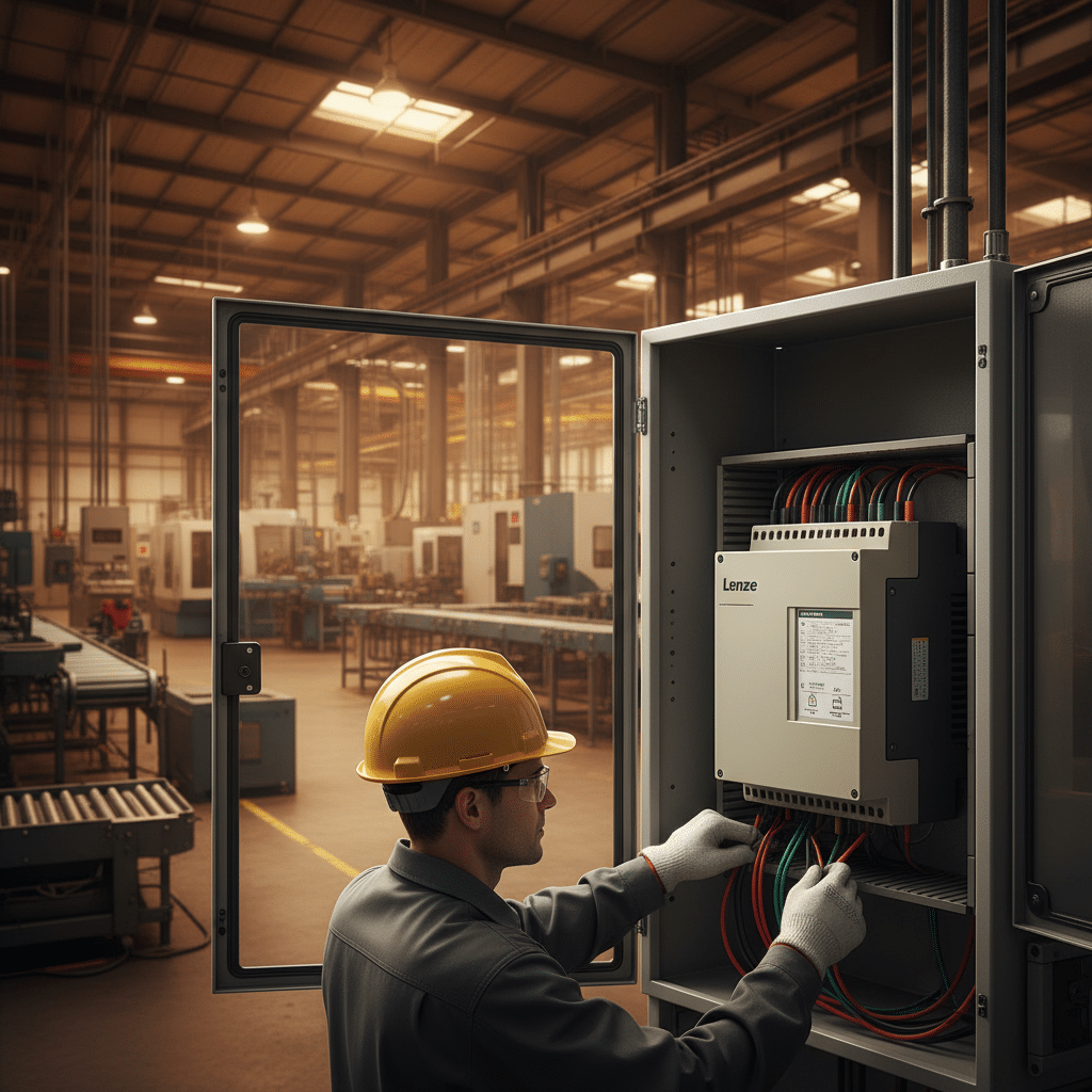 lenze smvector variable frequency drives vfds - Technician safely wiring the terminal block on the Lenze SMVector variable fr