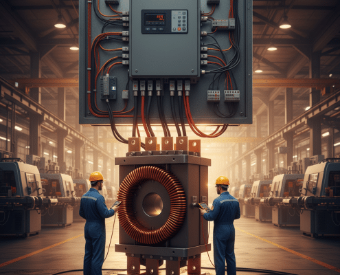 An AC line reactor vfd installation showing the reactor connected to the drive's input terminals for power quality protect...