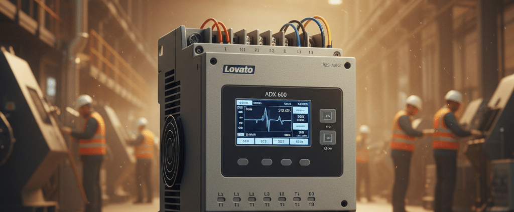 A clear product image of the Lovato ADX softstarters unit, showcasing its digital interface and connection terminals for i...
