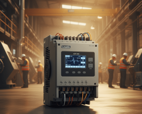 A clear product image of the Lovato ADX softstarters unit, showcasing its digital interface and connection terminals for i...