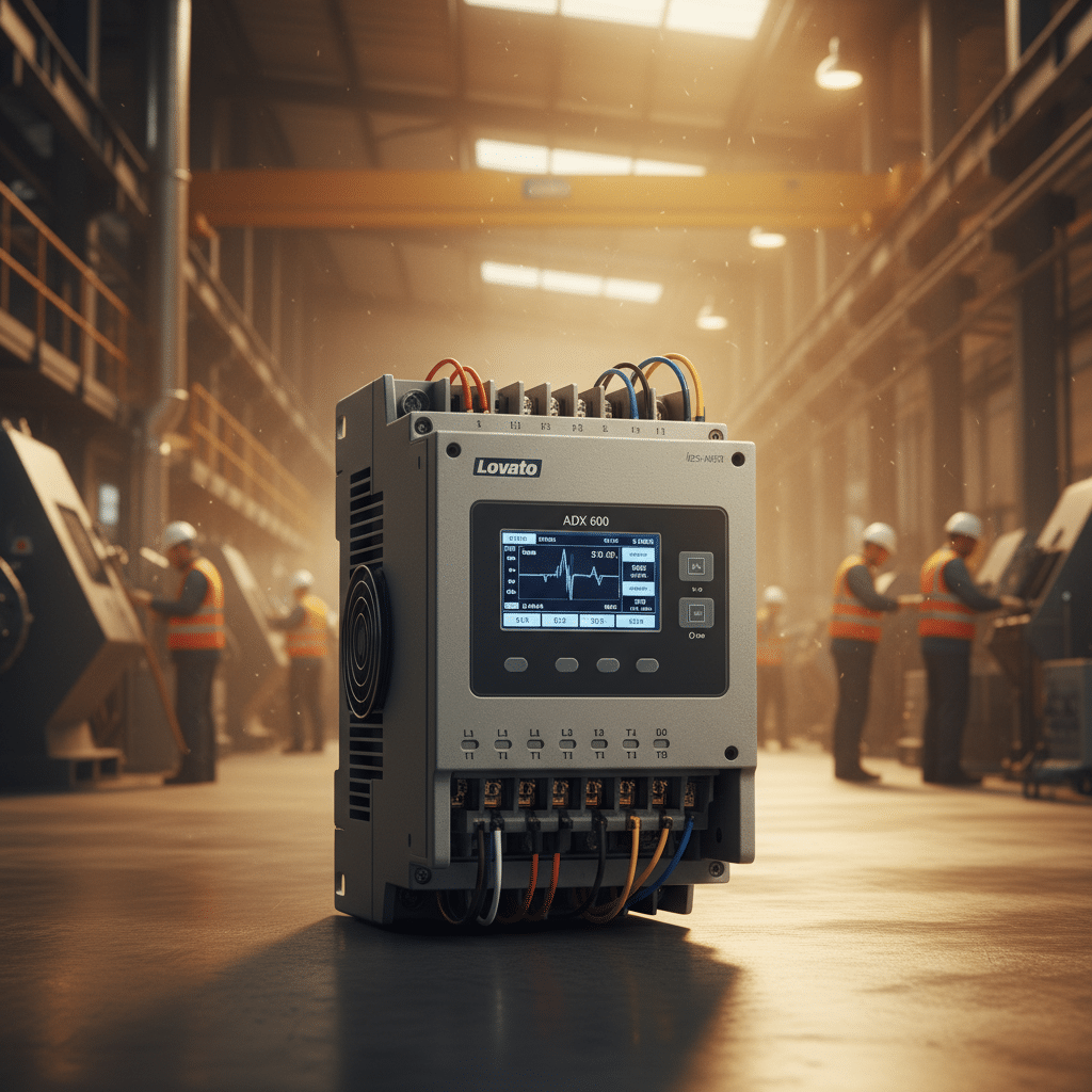 A clear product image of the Lovato ADX softstarters unit, showcasing its digital interface and connection terminals for i...