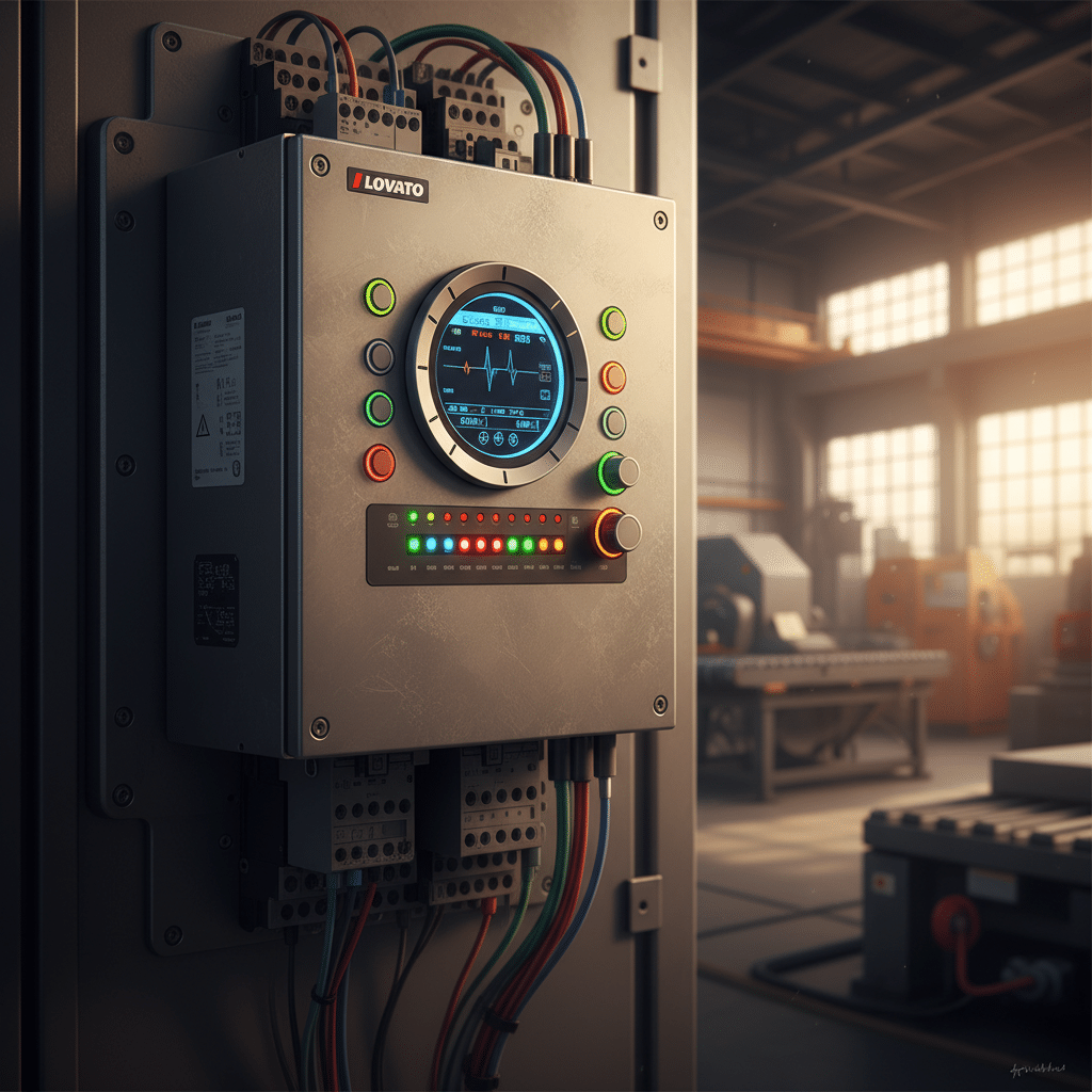 A close-up view of the Lovato ADX softstarters, highlighting the advanced control panel and technical features.