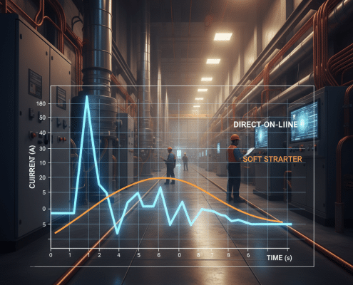 Graph comparing the high inrush current of a direct-on-line motor start versus the controlled, smooth start provided by lo...