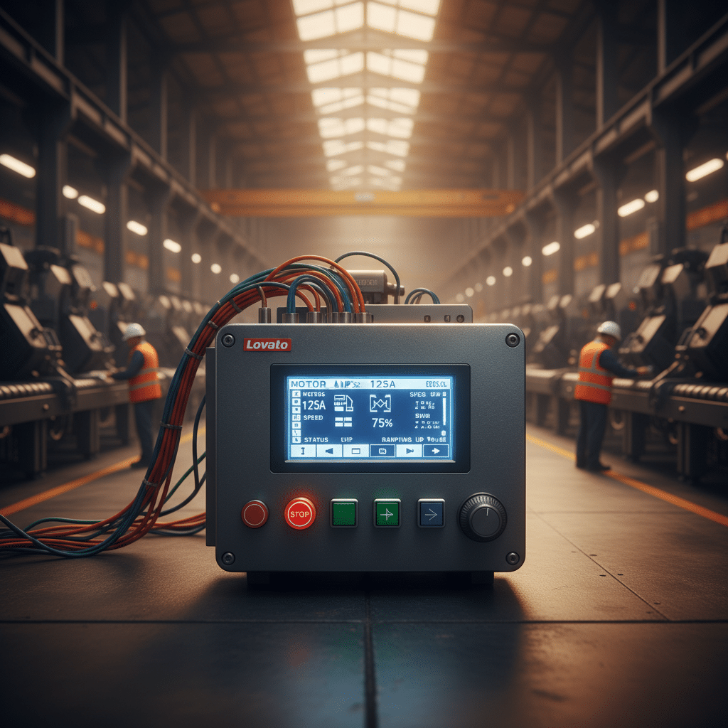 A close-up of the Lovato ADXL softstarters control panel, highlighting its clear LCD screen and user-friendly interface fo...