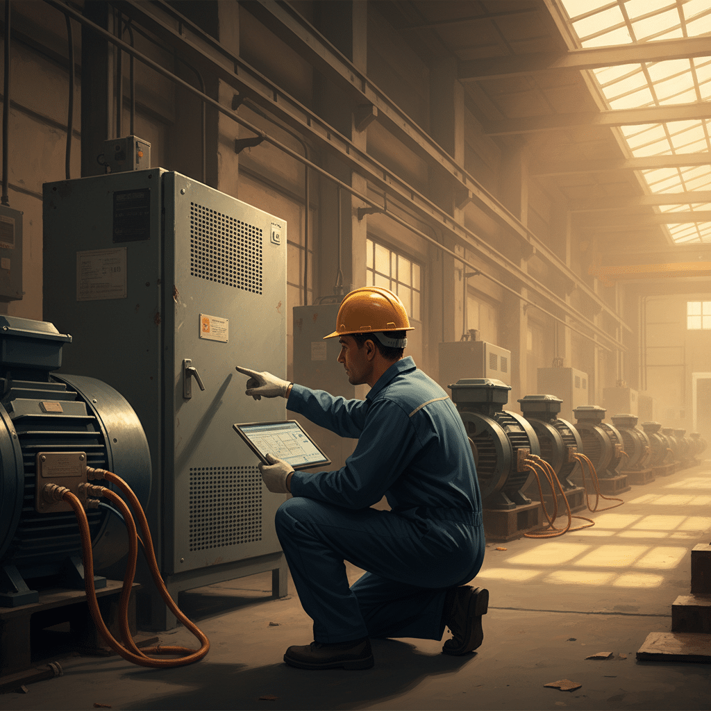 Technician matching the specifications for a frequency drive for three phase motor to the motor's nameplate data.