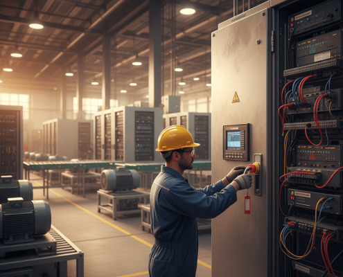 Technician performing a safety lockout on a PowerFlex 755 drive before starting essential troubleshooting procedures.
