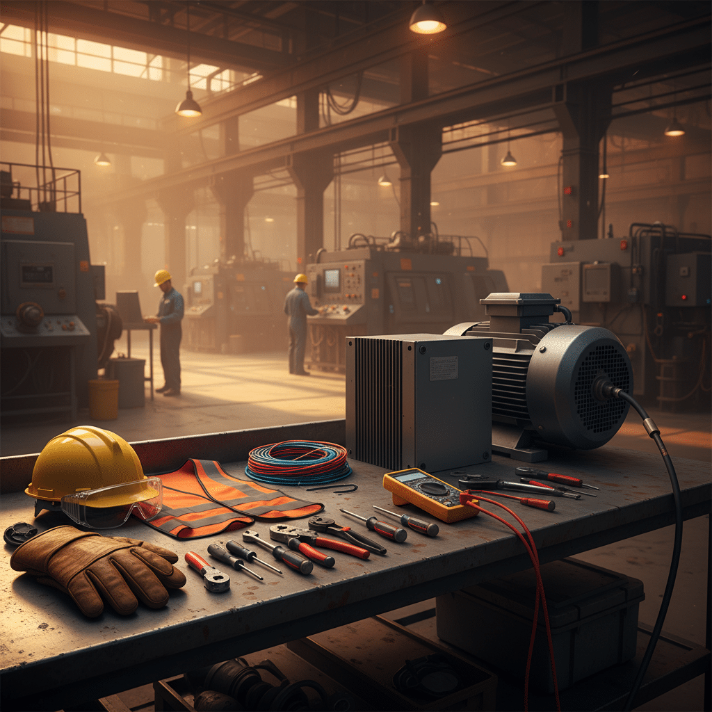 Essential safety gear and tools are laid out on a workbench in preparation for wiring a 3 phase motor with vfd.