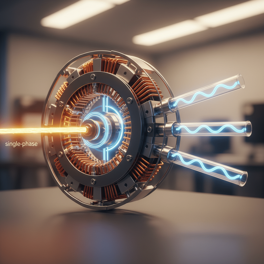 Diagram showing the core principles of precision electric boost-phase rotary phase converters, illustrating single-phase t...