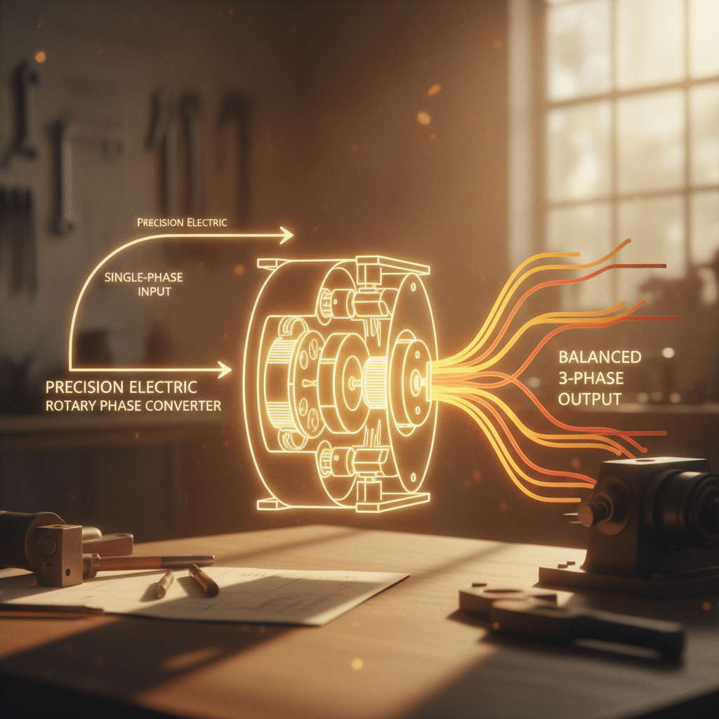 How Precision Electric Rotary Converters Generate Balanced 3-Phase Power Diagram showing how precision electric pro-phase rotary phase converters generate balanced 3-phase power from a single-pha...