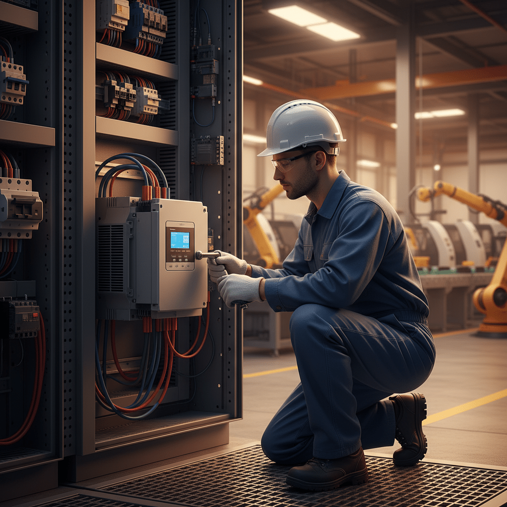 A certified technician carefully follows safety procedures while completing the wiring for Lenze i510 variable frequency d...