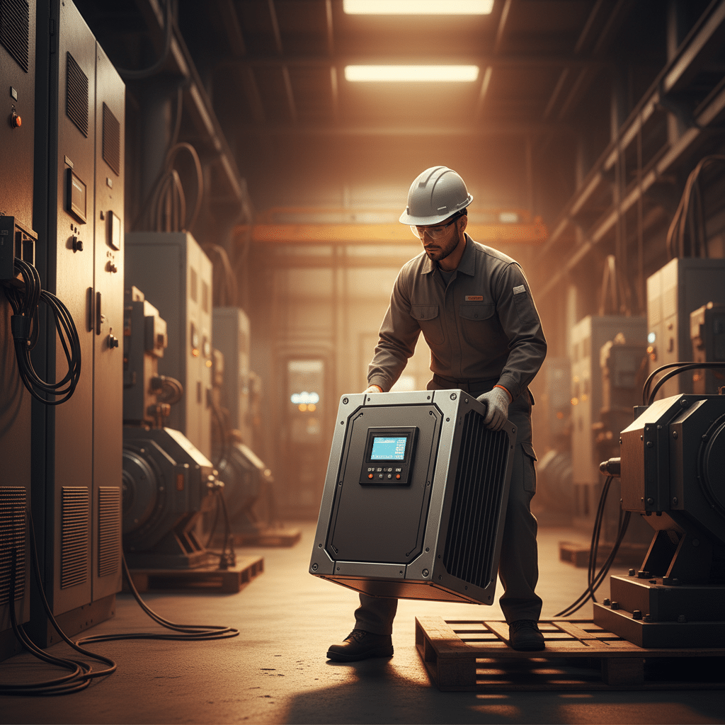 Technician demonstrating safe manual handling of Hitachi SJ700B variable frequency drives VFDs while wearing protective gl...