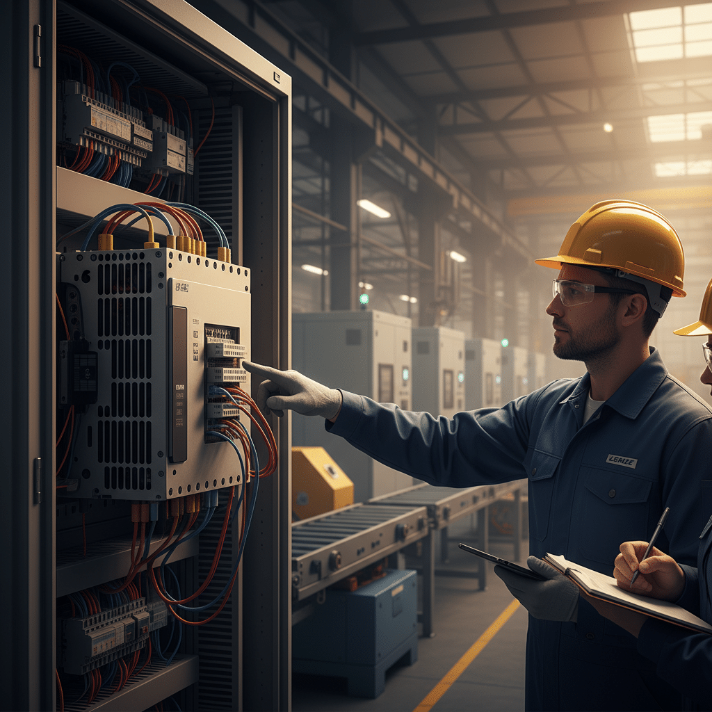 A technician demonstrates safe wiring practices for Lenze i550 variable frequency drives vfds, connecting cables to the co...