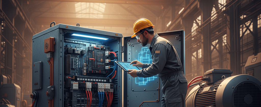 frequency drive for three phase motor - Technician inspecting a modern frequency drive for a three phase motor, demonstrating