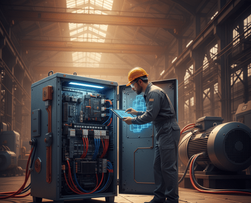 frequency drive for three phase motor - Technician inspecting a modern frequency drive for a three phase motor, demonstrating