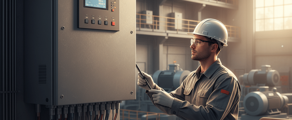 Technician inspecting a wall-mounted Siemens variable frequency drive, a key component for industrial motor efficiency.