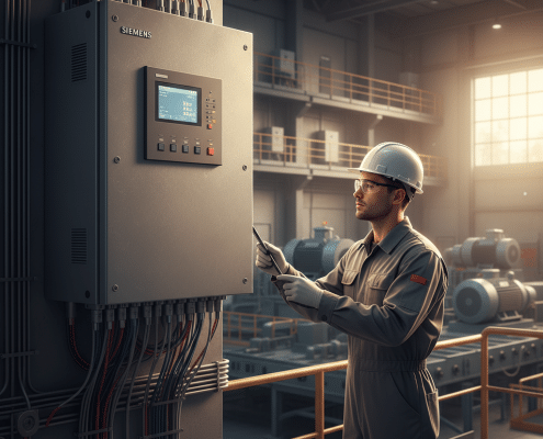 Technician inspecting a wall-mounted Siemens variable frequency drive, a key component for industrial motor efficiency.