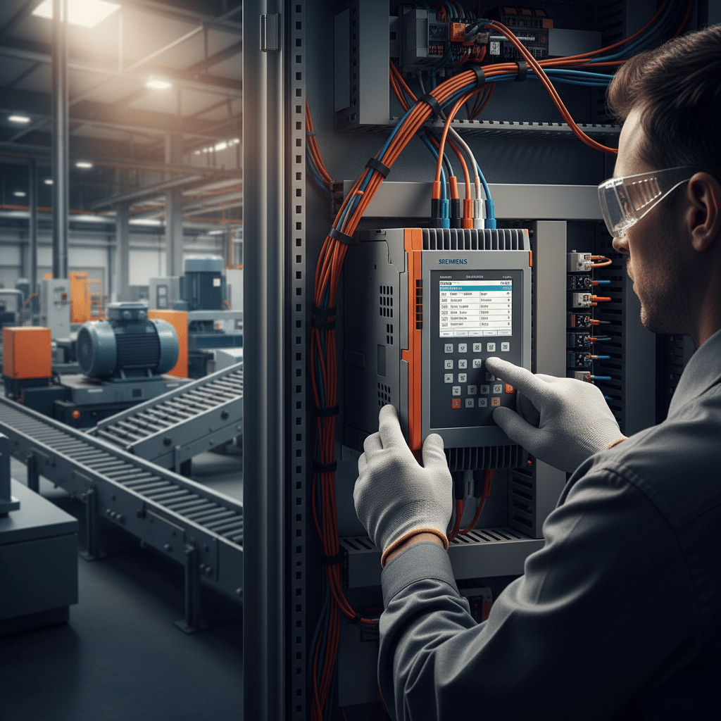 Engineer carefully programming the key parameters for a Siemens variable frequency drive using the operator panel.
