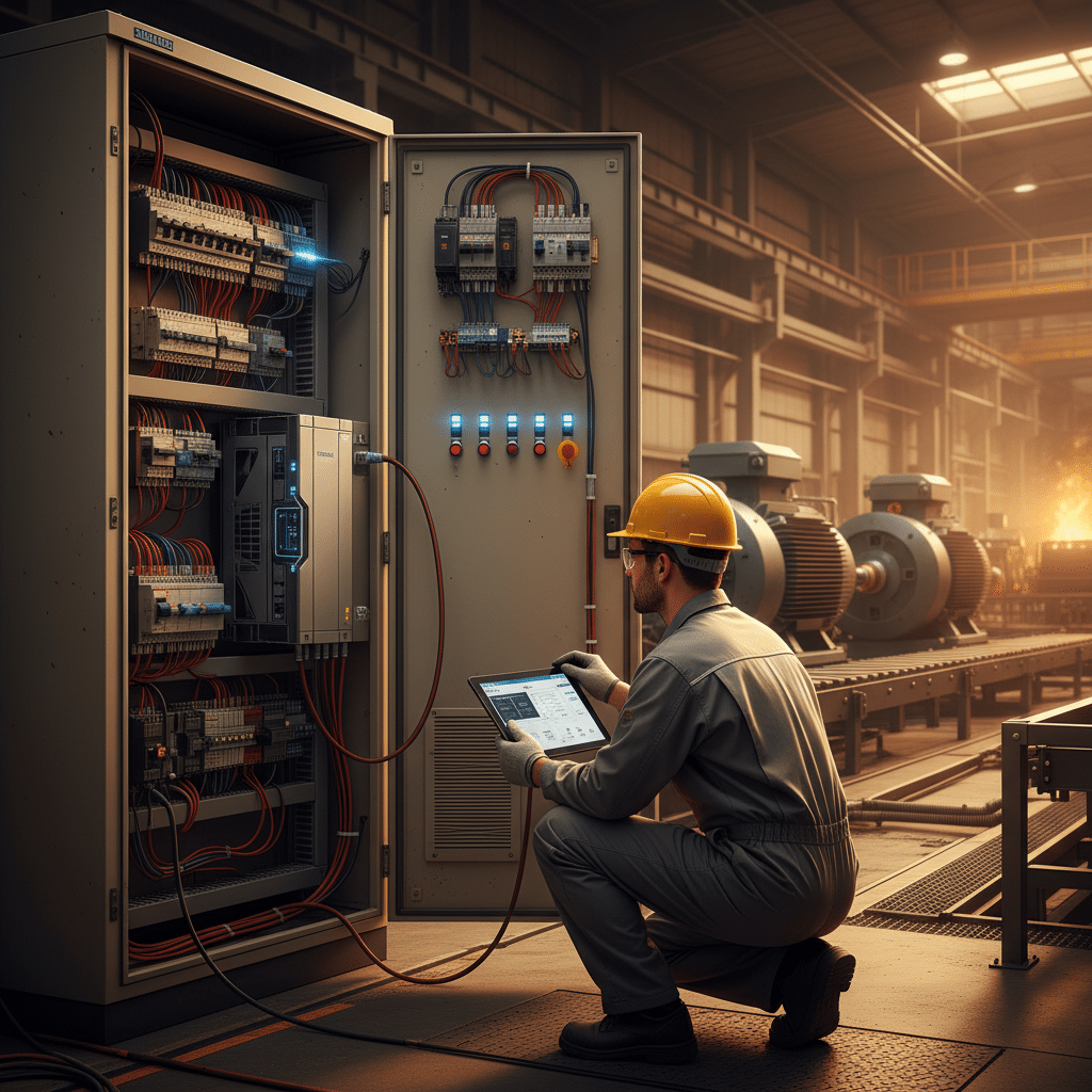 Technician performing the initial setup and commissioning of a Siemens variable frequency drive on an industrial control p...